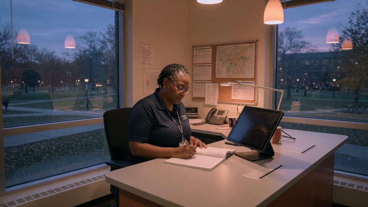 Campus facilities desk at dusk